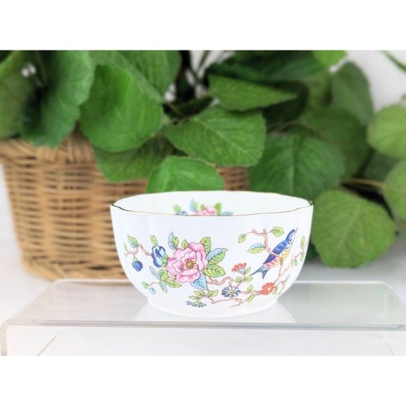 White Porcelain Bowl Gold Trim Floral Vintage Fine China Blue Birds Pink Floral - Picture 6 of 10